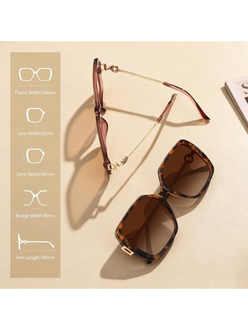 Women's Retro Yellow Brown Oversized Vintage Style Sun Glasses UV Protection - Picture 6 of 7